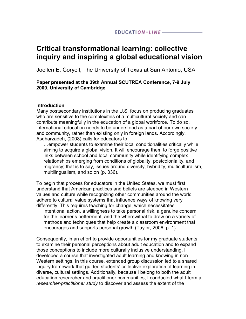 Critical Transformational Learning: Collective Inquiry and Inspiring a Global Educational