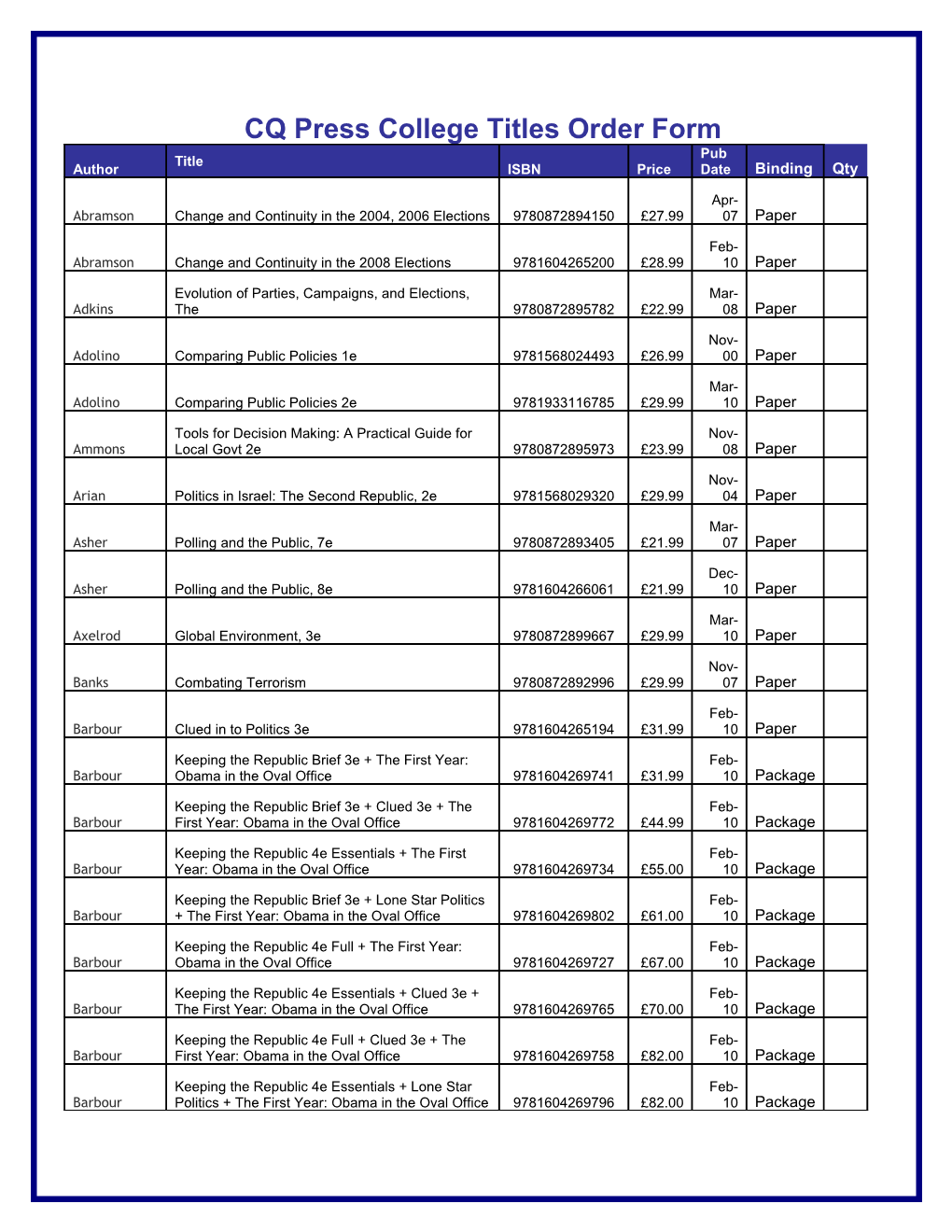 CQ Press Library Reference Titles Order Form