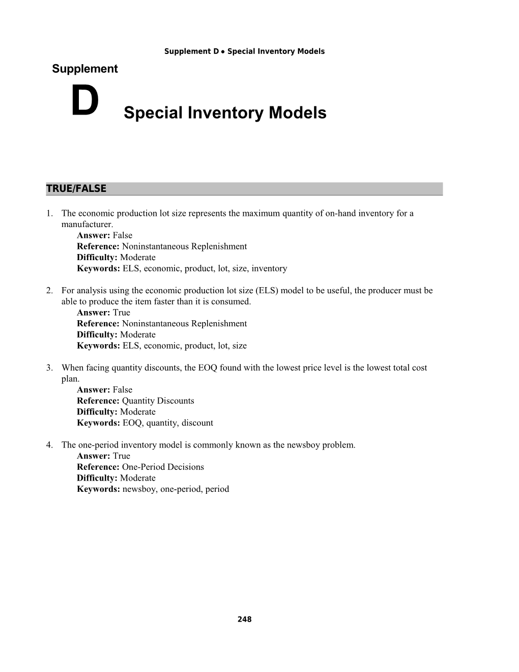 Supplement D Special Inventory Models