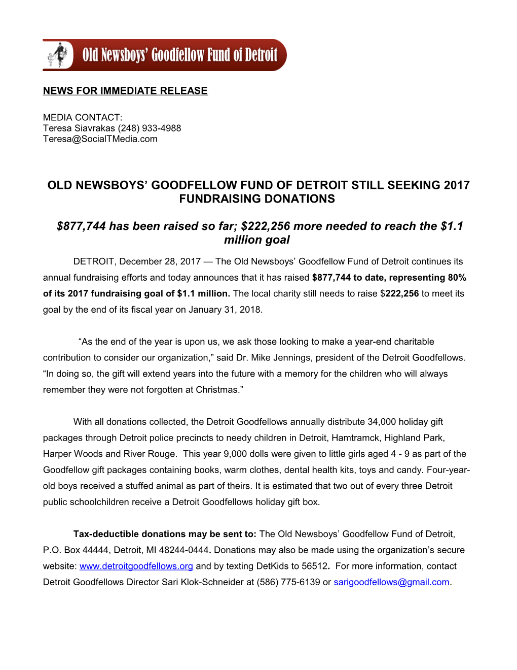 Old Newsboys Goodfellow Fund of Detroit Still Seeking 2017 Fundraising Donations