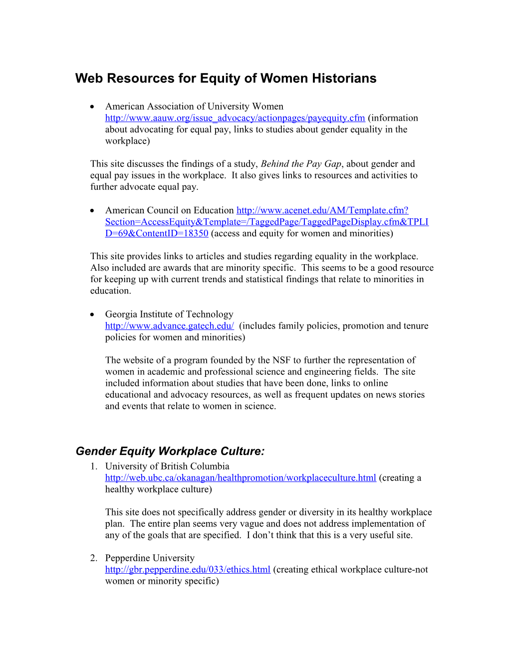 Web Resources for Equity of Women Historians