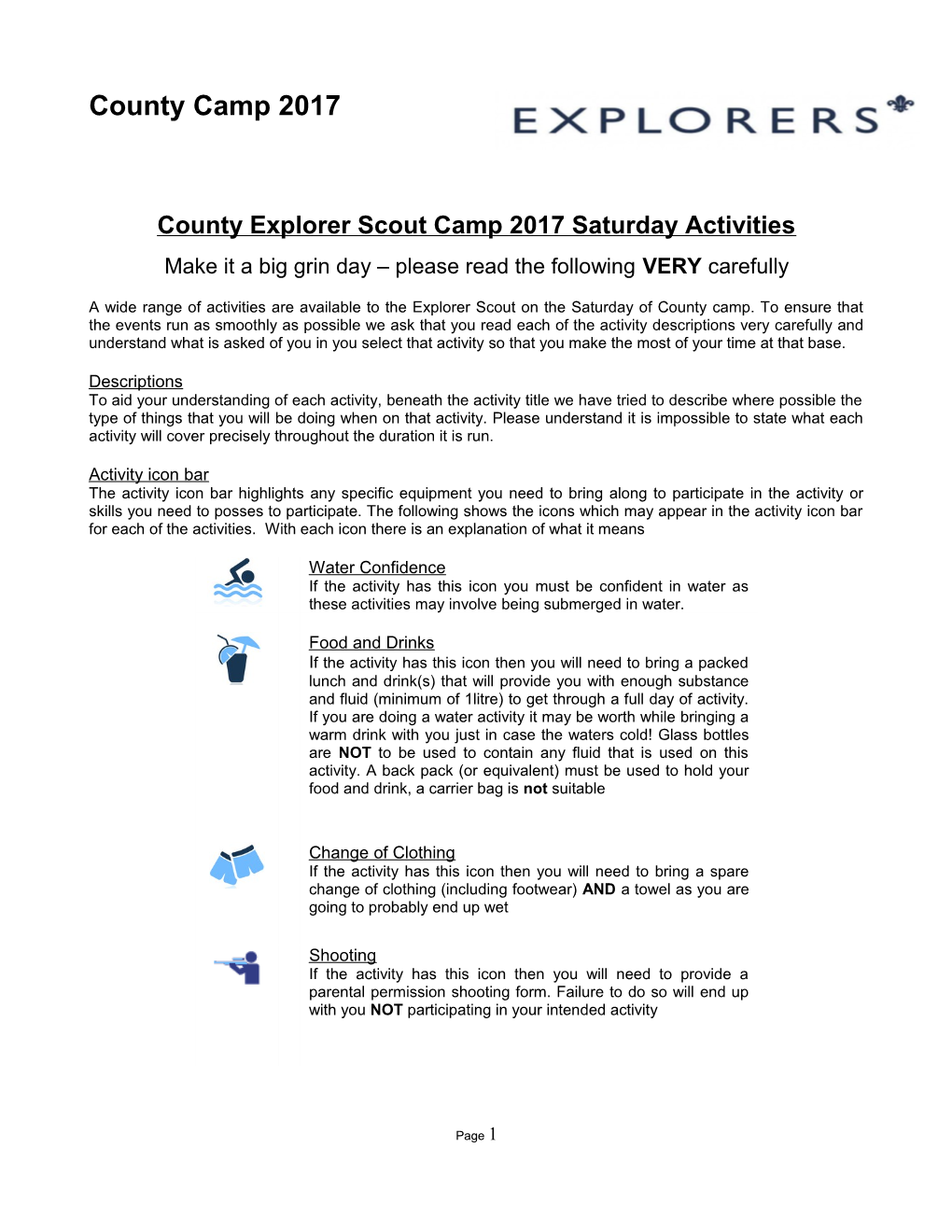 County Explorer Scout Camp 2017 Saturday Activities