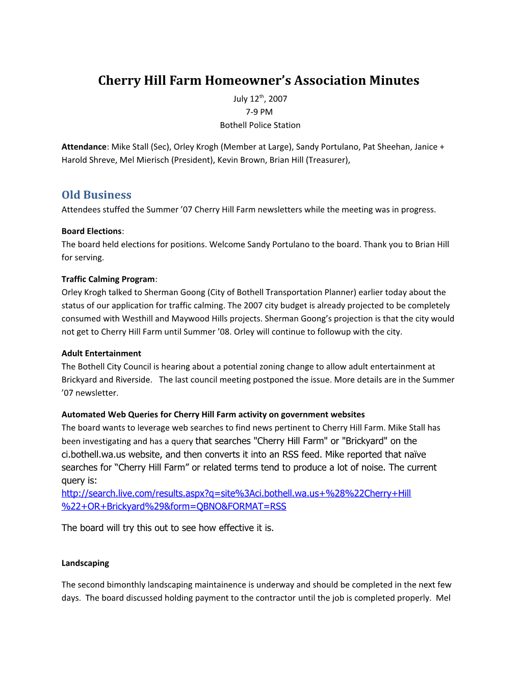 Cherry Hill Farm Homeowner S Association Minutes