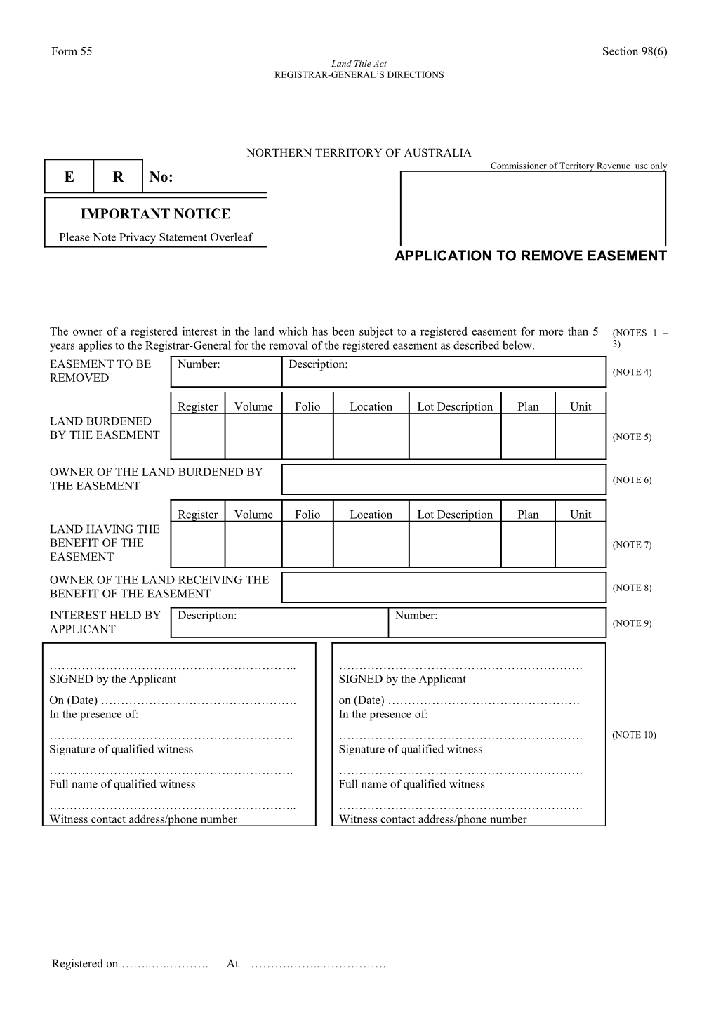 Form No. 55 - Application to Remove Easement