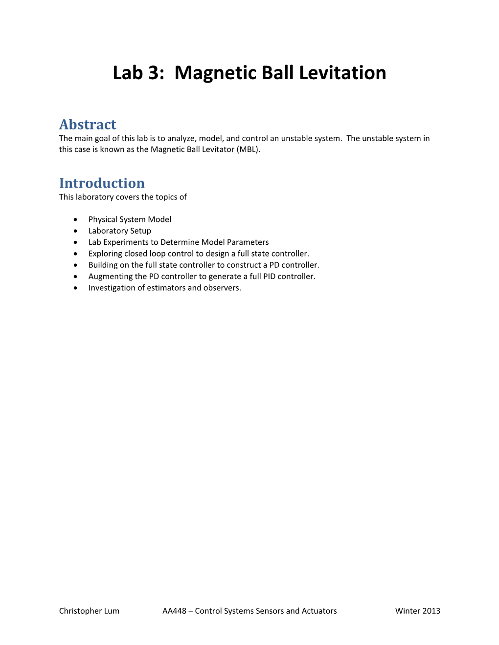 Lab 3: Magnetic Ball Levitation