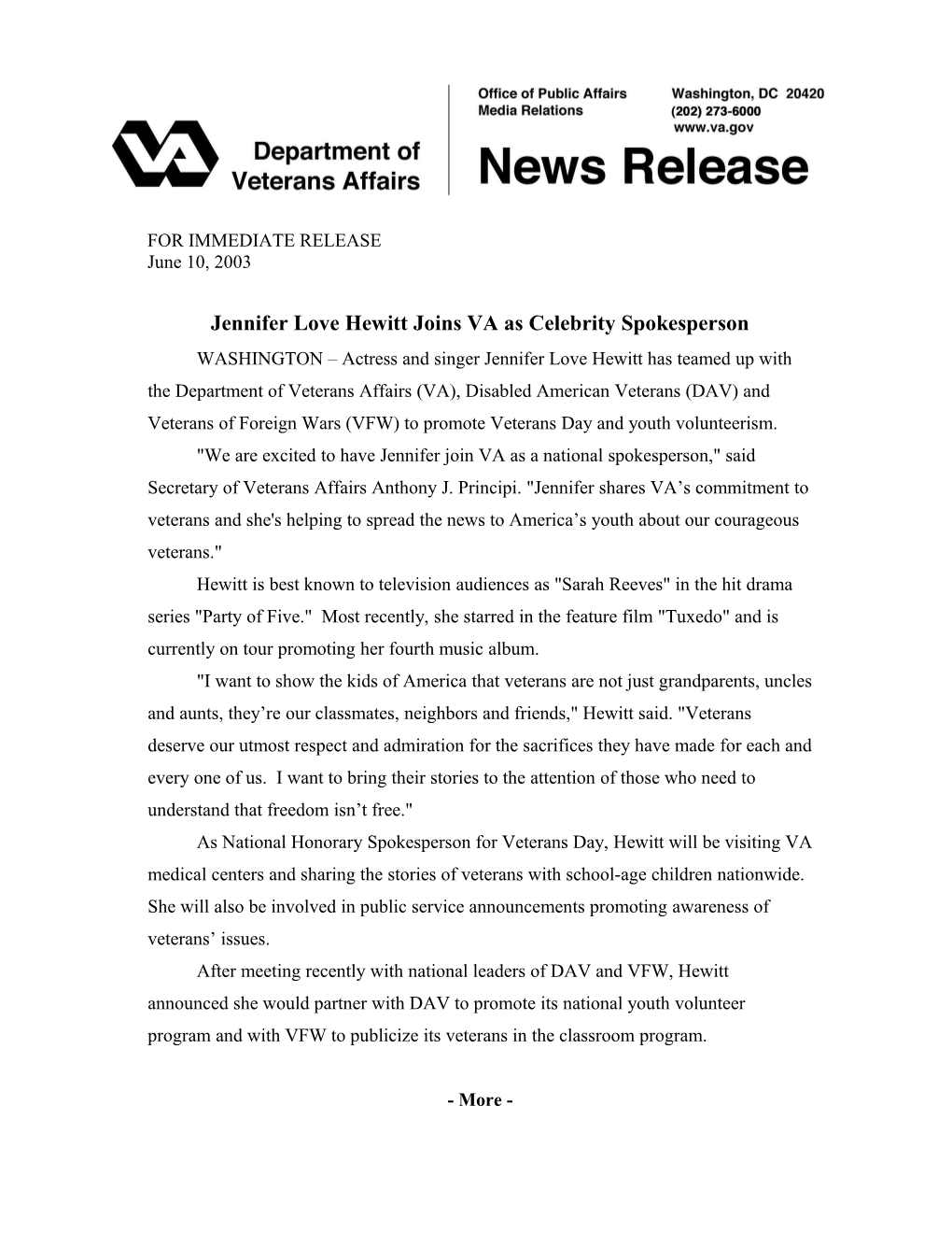 Jennifer Love Hewitt Joins VA As Celebrity Spokesperson