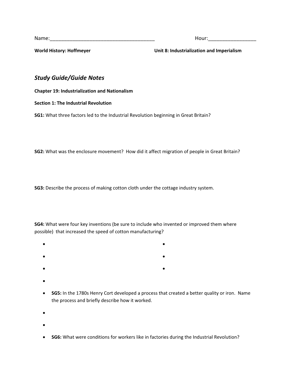 World History: Hoffmeyerunit 8: Industrialization and Imperialism