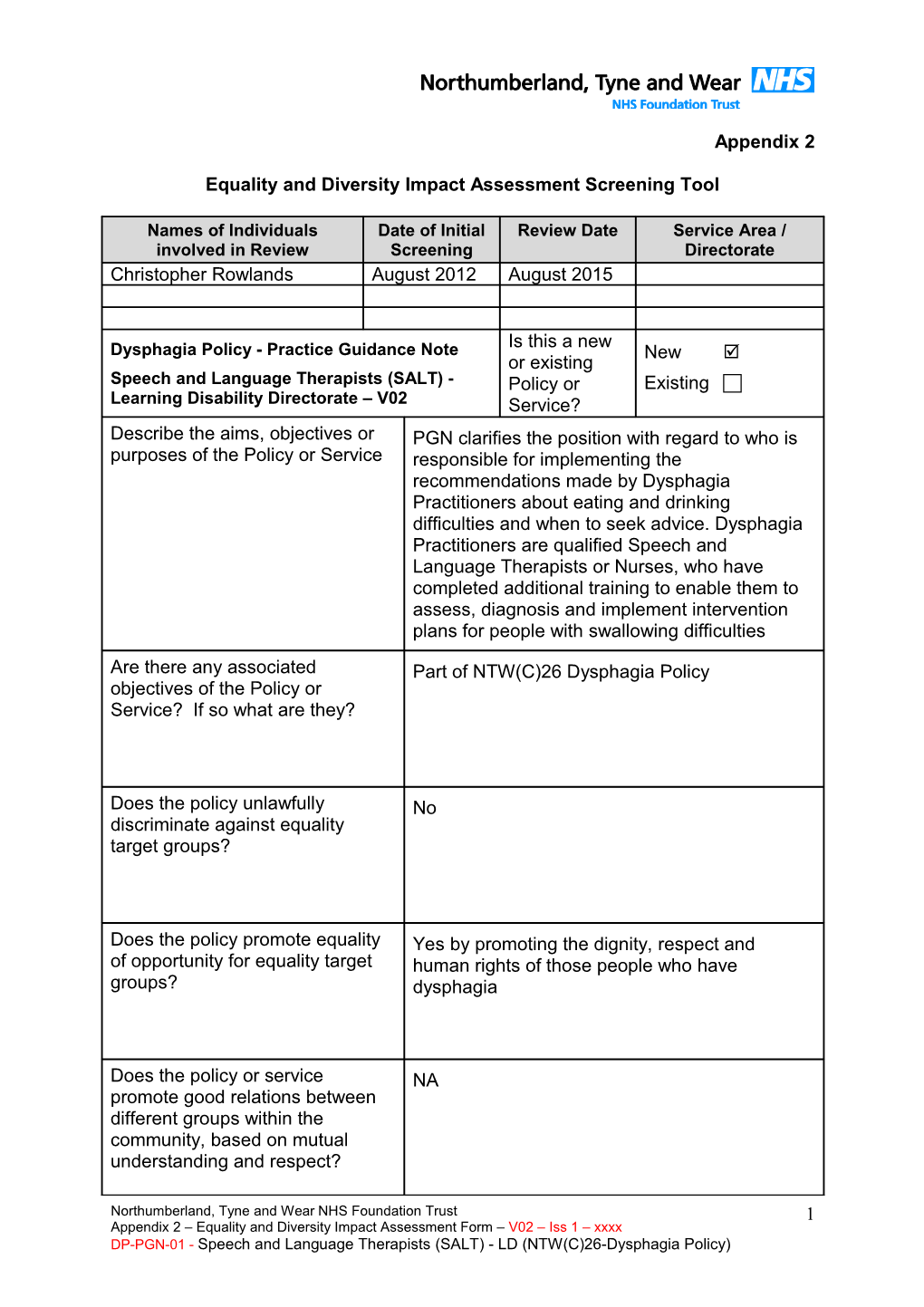 Equality and Diversity Impact Assessment Screening Tool