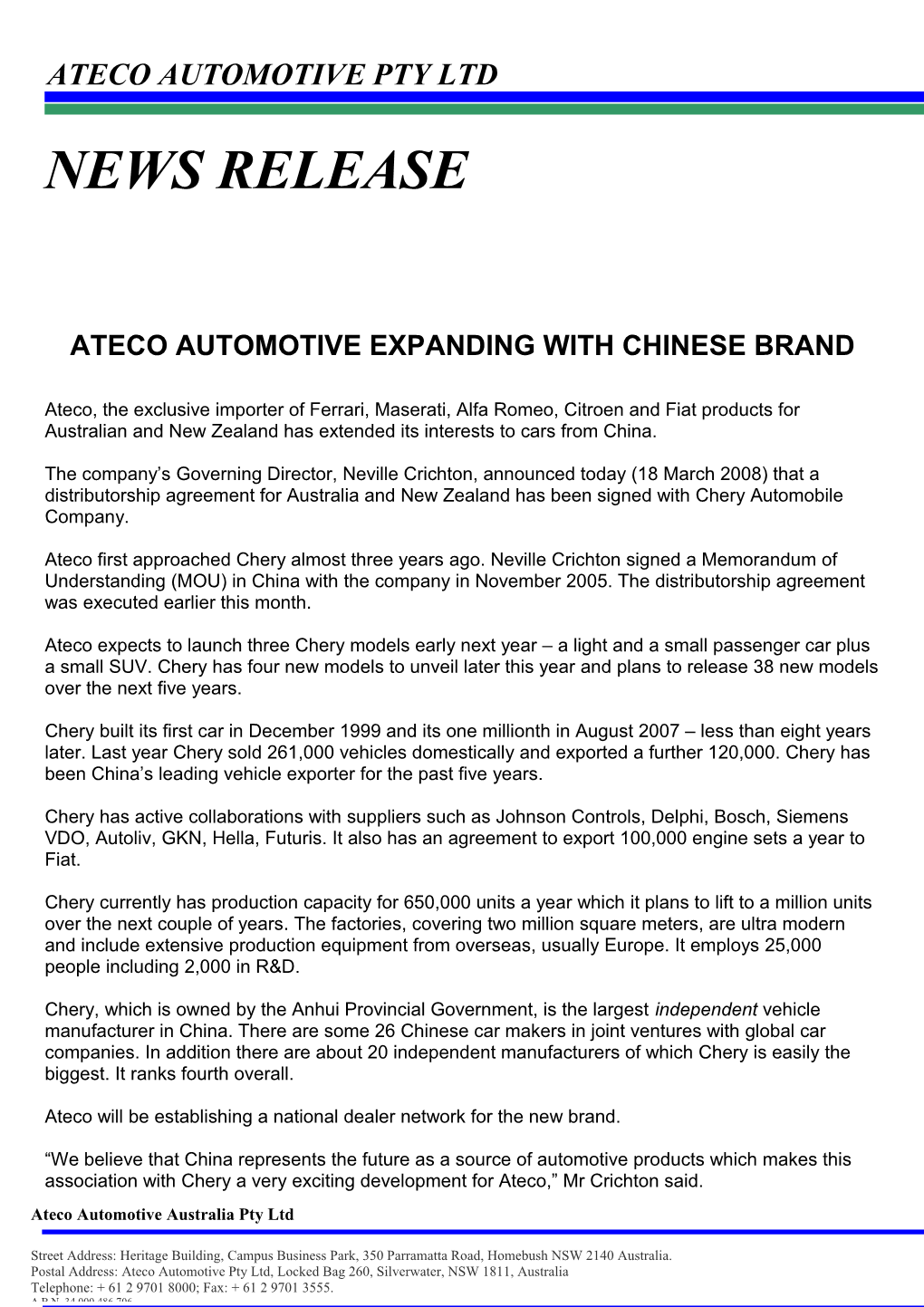Ateco Automotive Expanding with Chinese Brand