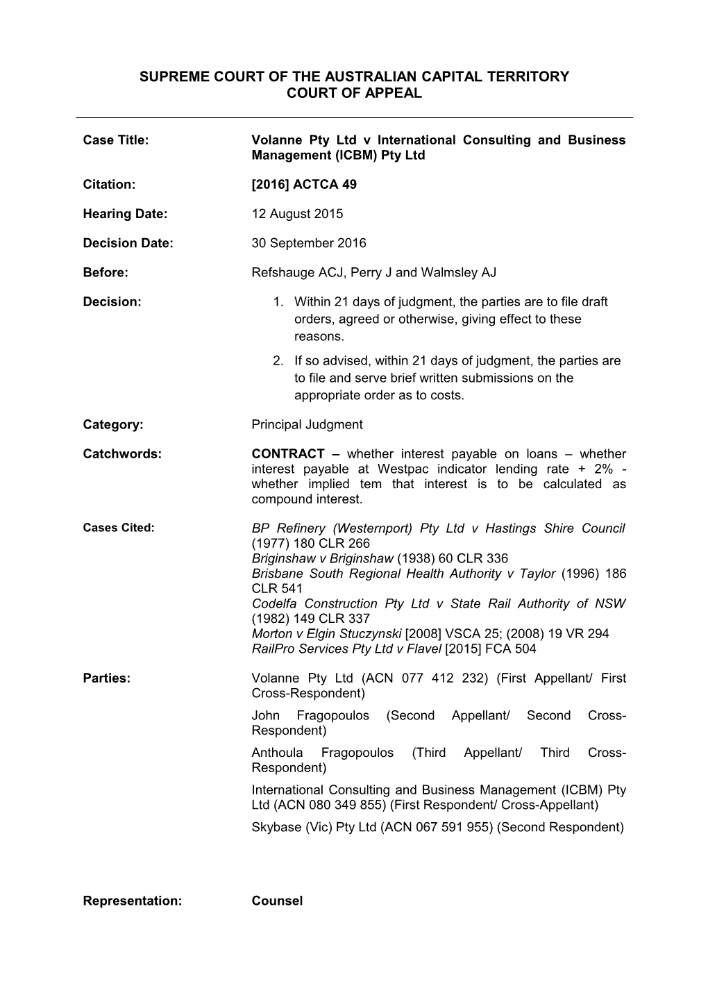 2016-09-30 Volanne Pty Ltd V International Consulting and Business Management (ICBM) Pty