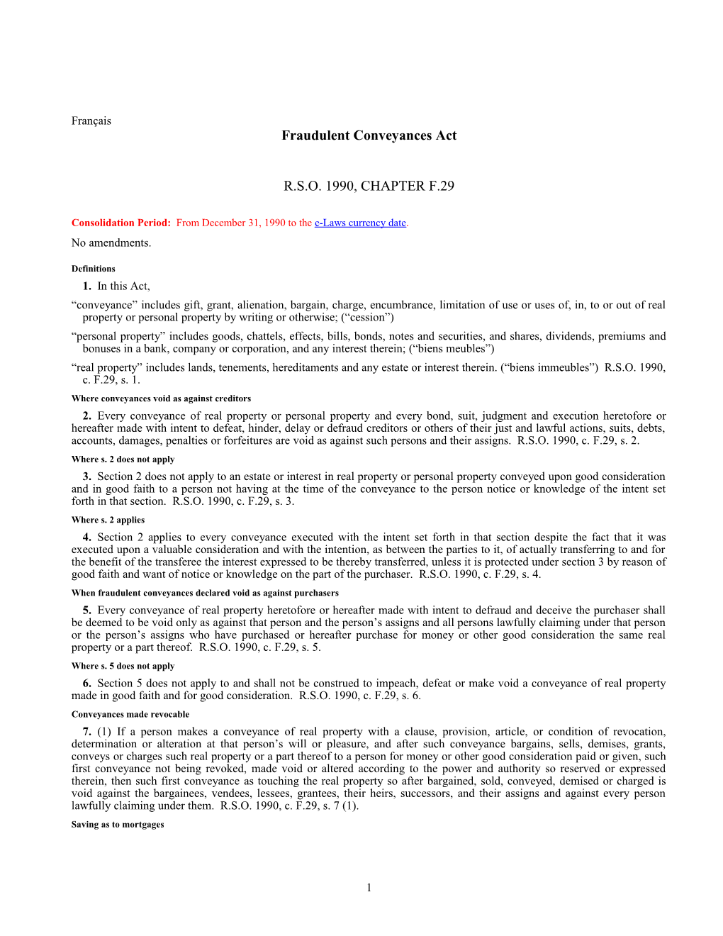 Fraudulent Conveyances Act, R.S.O. 1990, C. F.29