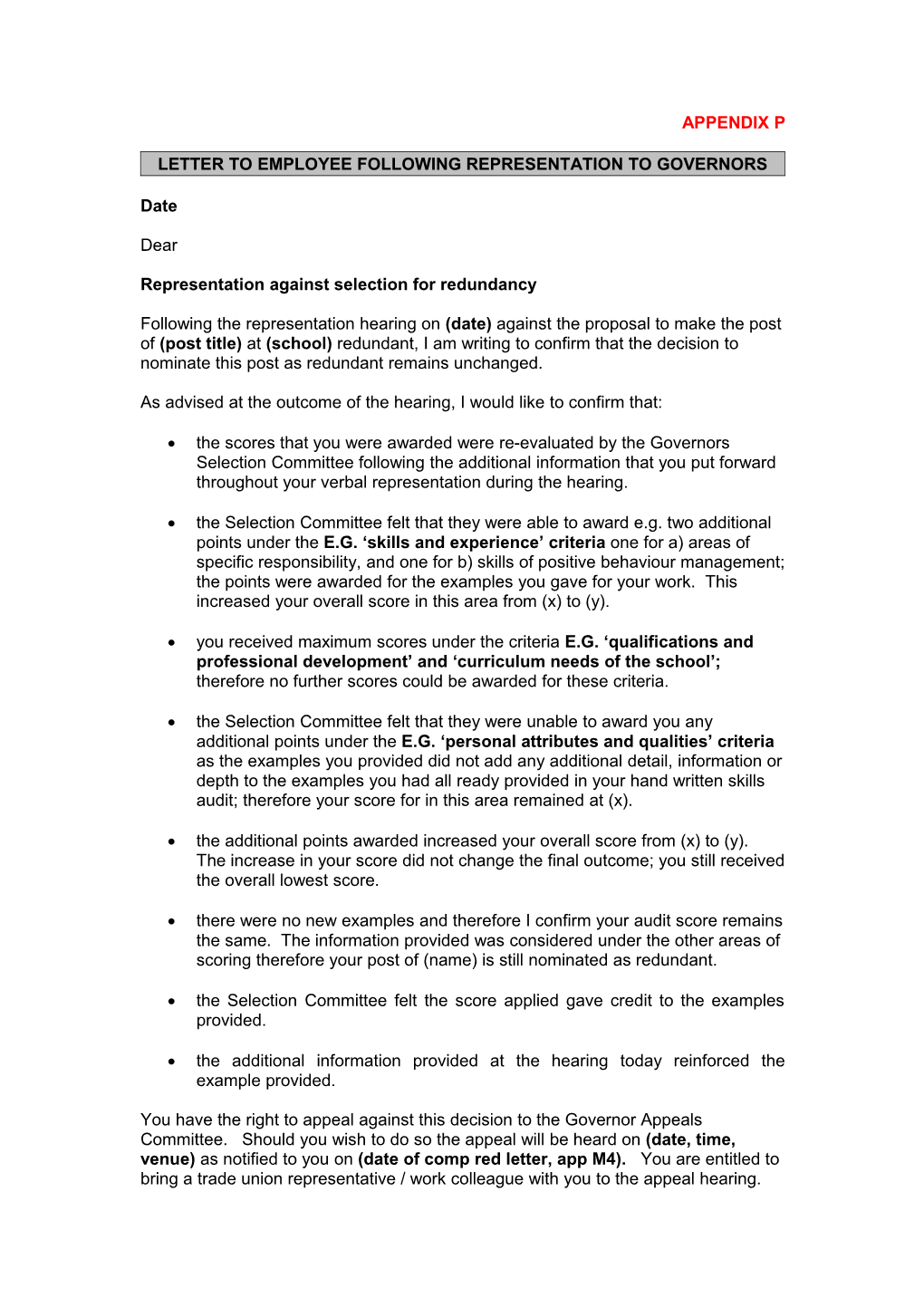 Appendix P - Letter to Employee Following Representation Hearing