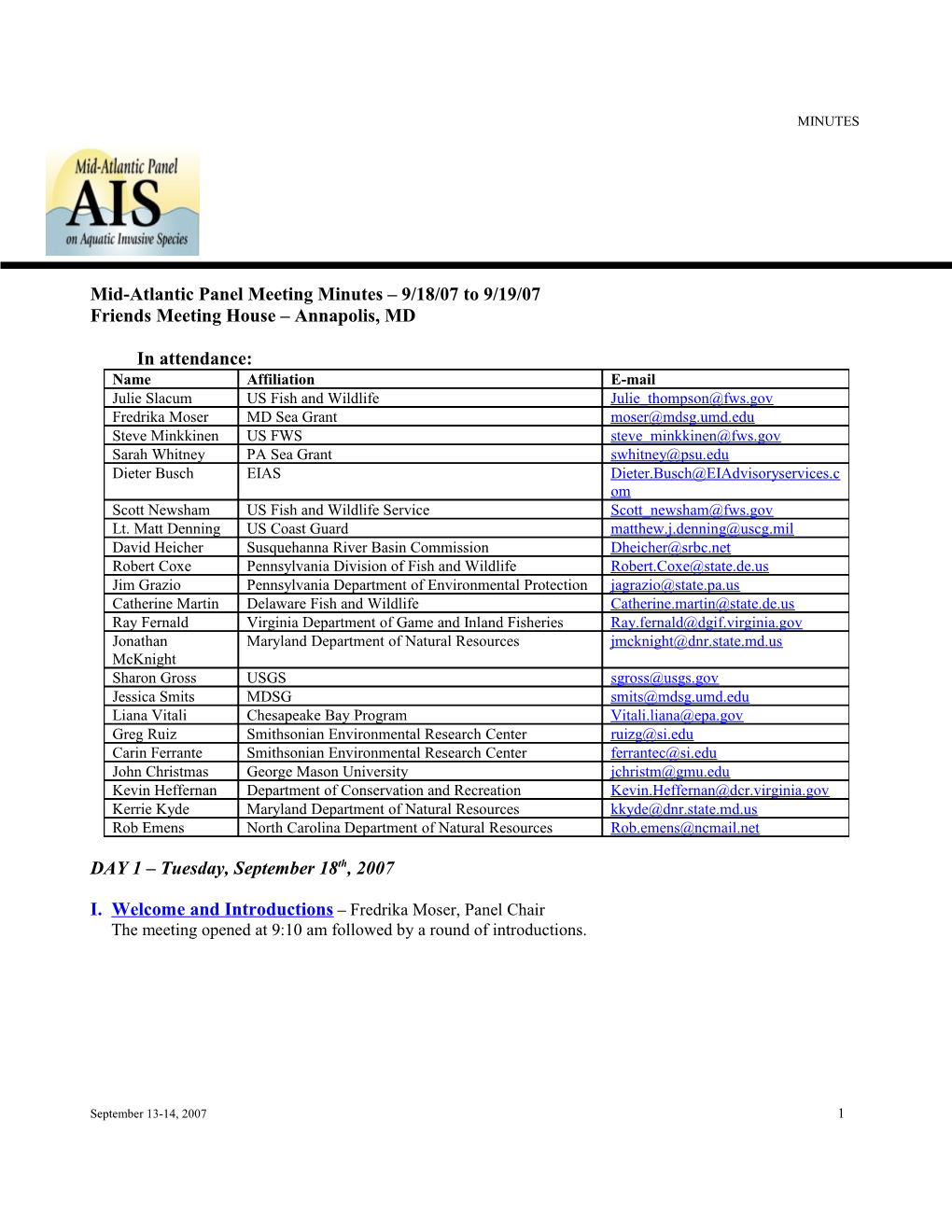 Mid-Atlantic Panel Meeting Minutes 9/18/07 to 9/19/07