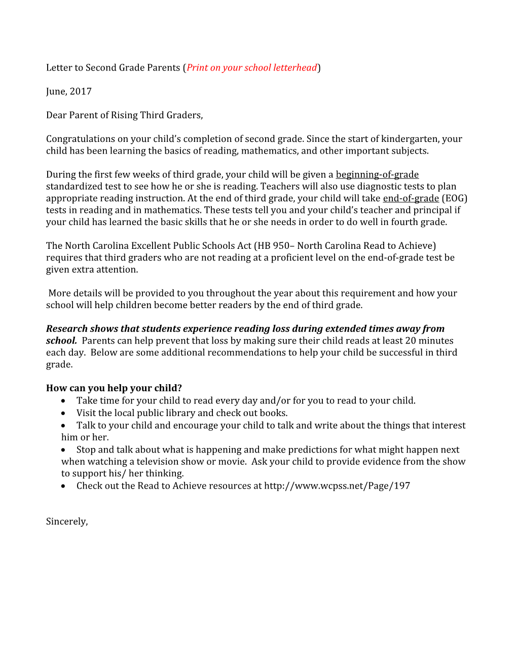 Letter to Second Grade Parents (Print on Your School Letterhead)