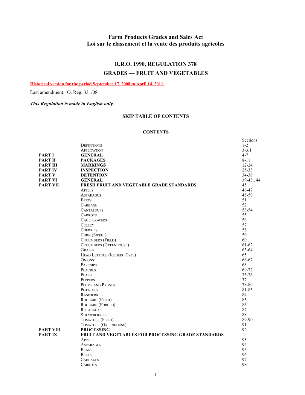 Farm Products Grades and Sales Act - R.R.O. 1990, Reg. 378