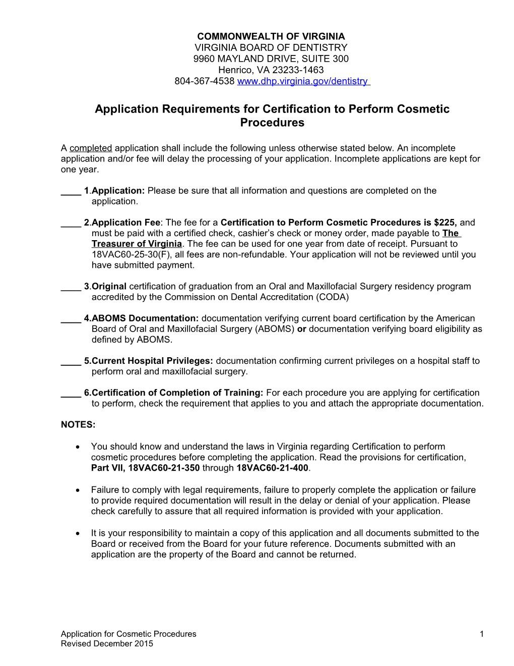Application for Certification to Perform Cosmetic Procedures