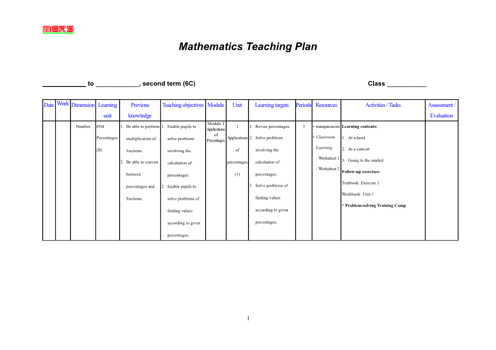 Mathematics Teaching Plan 6C & 6D