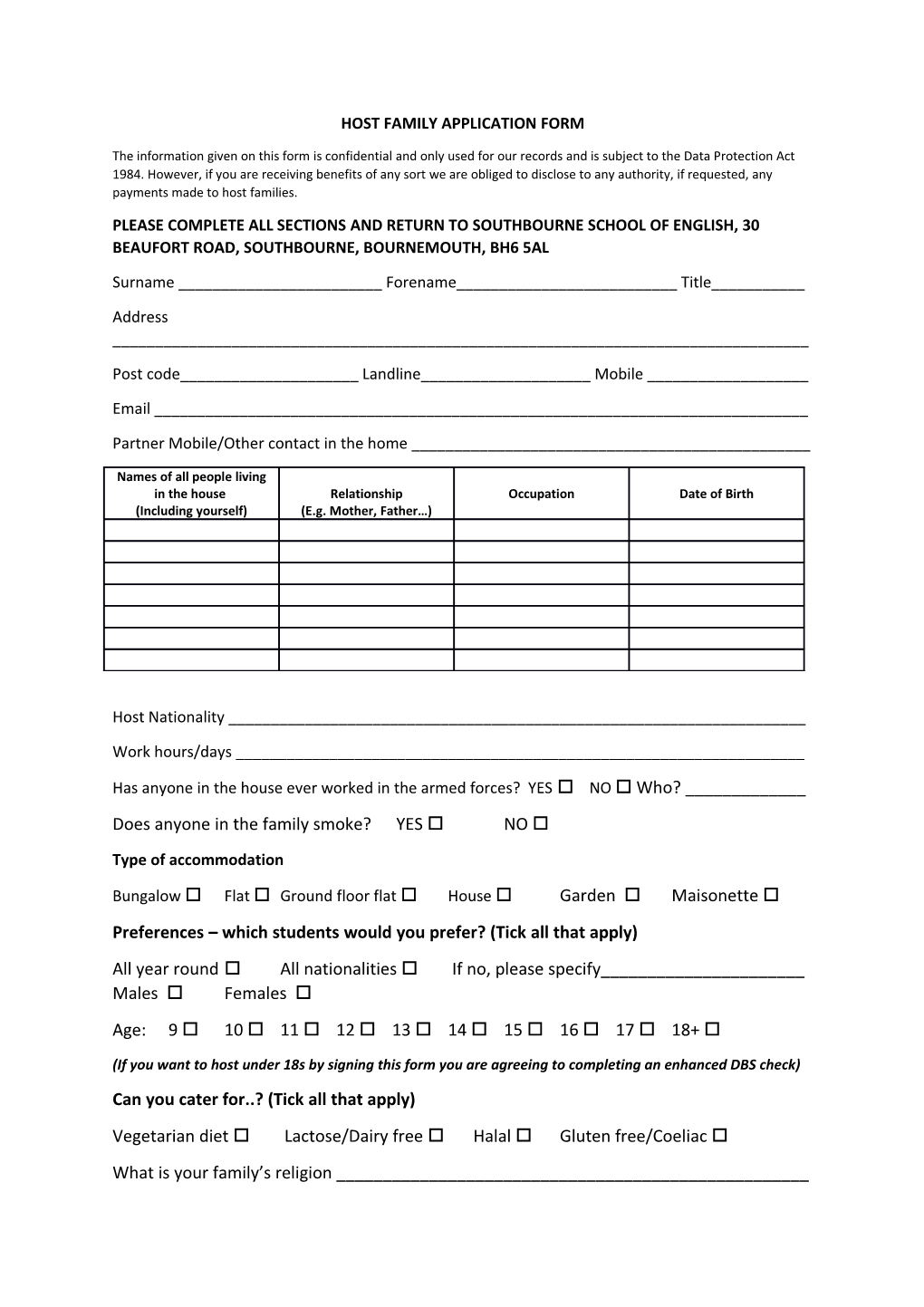 Host Family Application Form