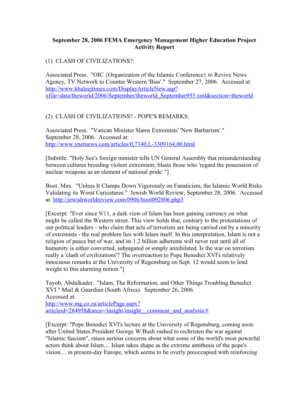 September 28, 2006 FEMA Emergency Management Higher Education Project Activity Report