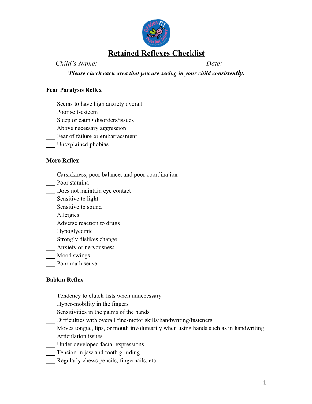 Retained Reflexes Checklist