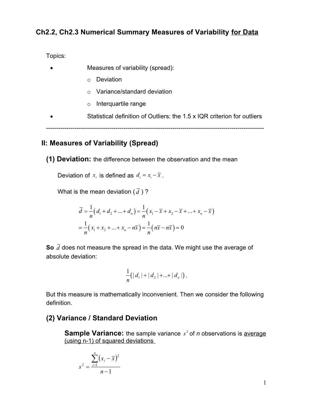 Ch2.2, Ch2.3Numerical Summary Measures of Variability for Data