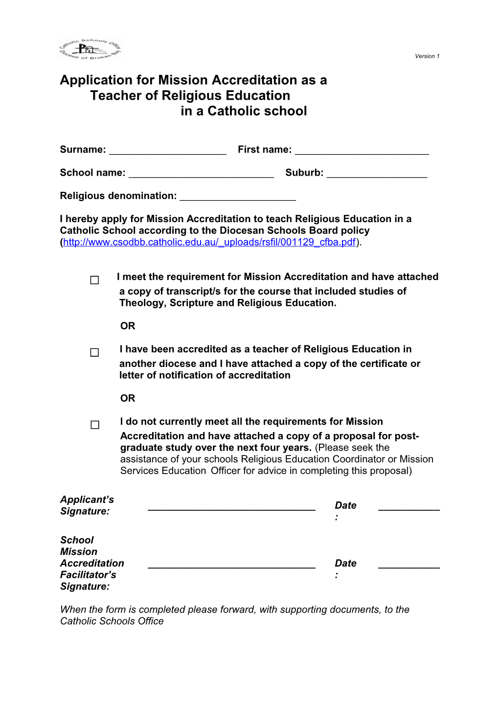 Application for Accreditation to Teach Religious Education in a Catholic School