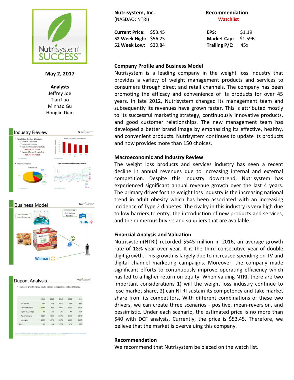 Nutrisystem, Inc. Recommendation