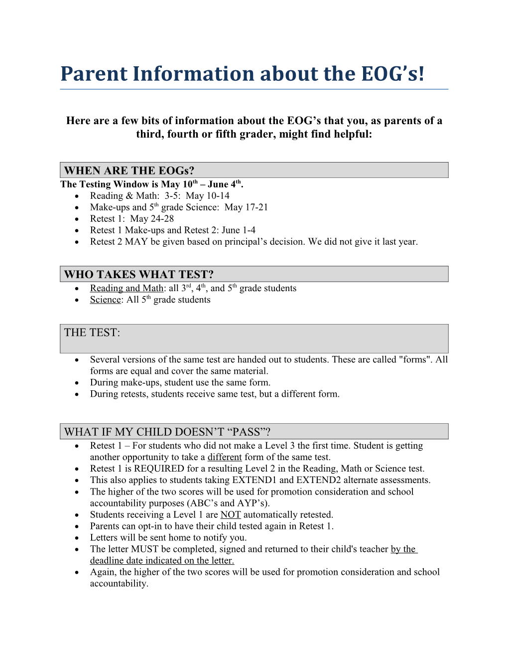 Parent Information About the EOG S!