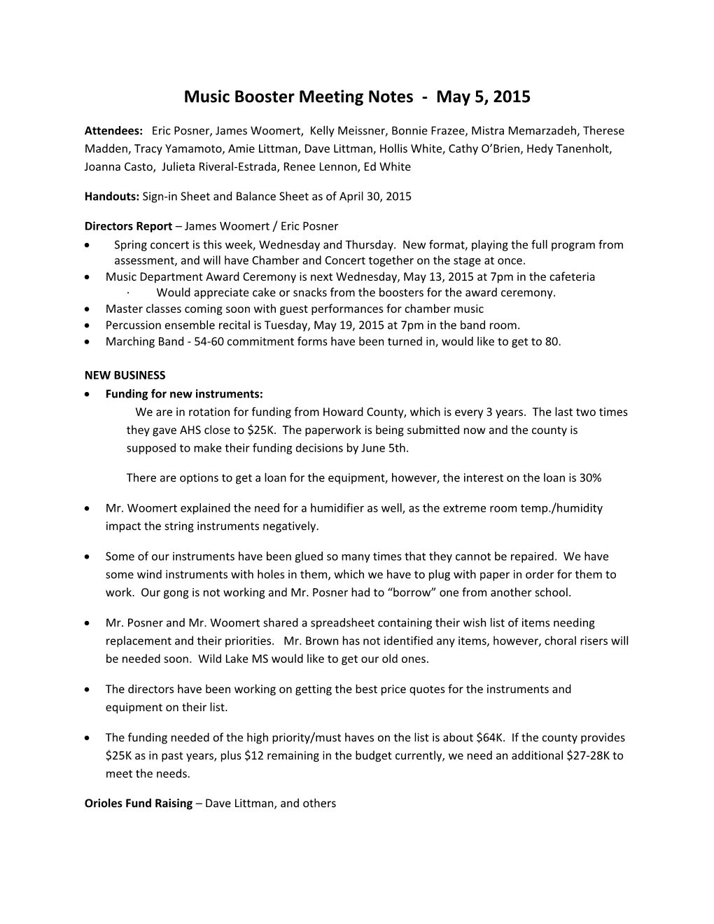 Music Booster Meeting Notes - May 5, 2015