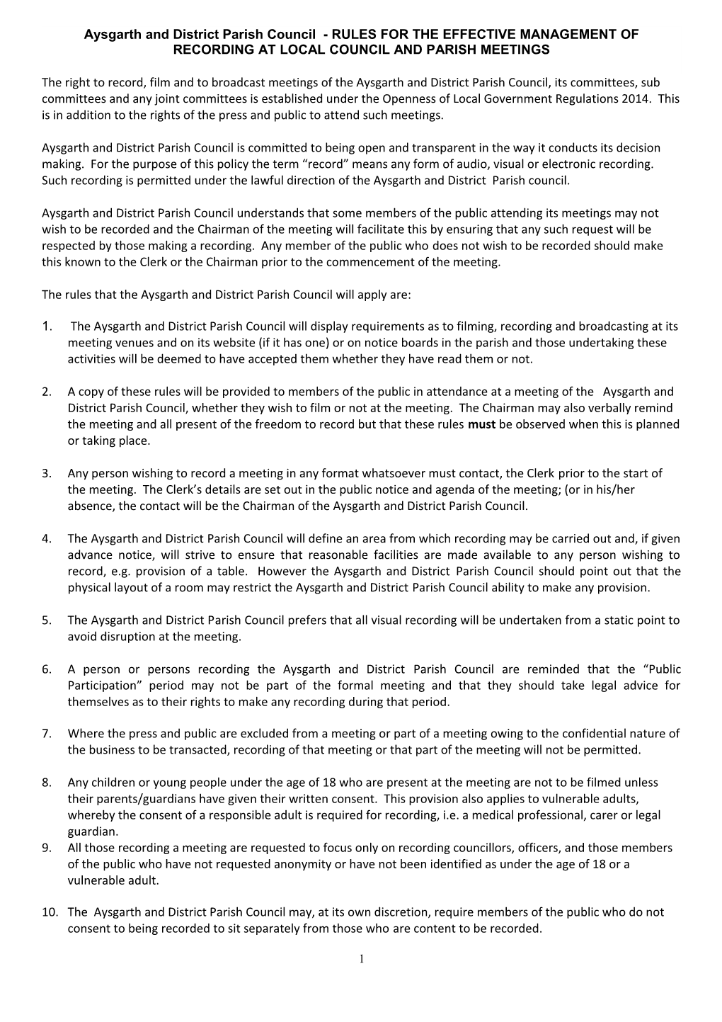 Aysgarth and District Parish Council - RULES for the EFFECTIVE MANAGEMENT of RECORDING