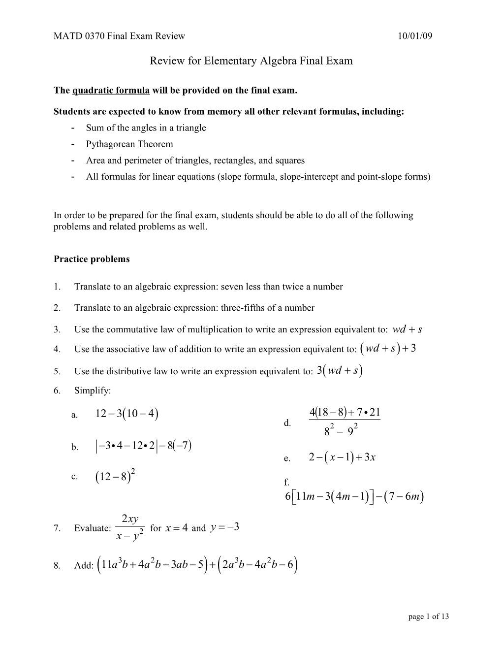 Review for Elementary Algebra Final Exam