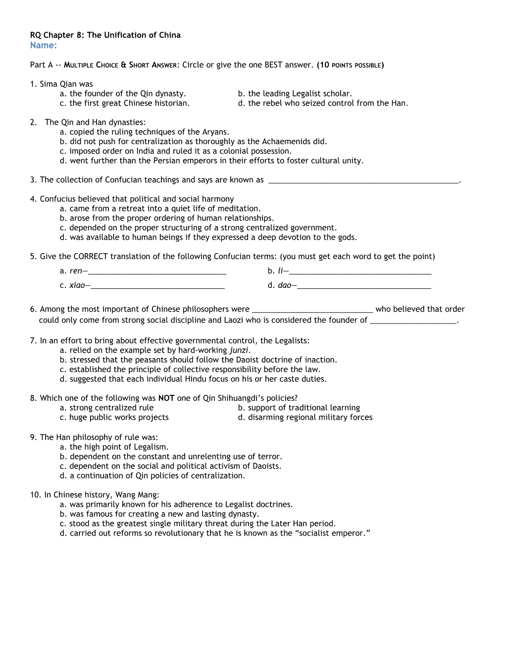 RQ Chapter 8: the Unification of China