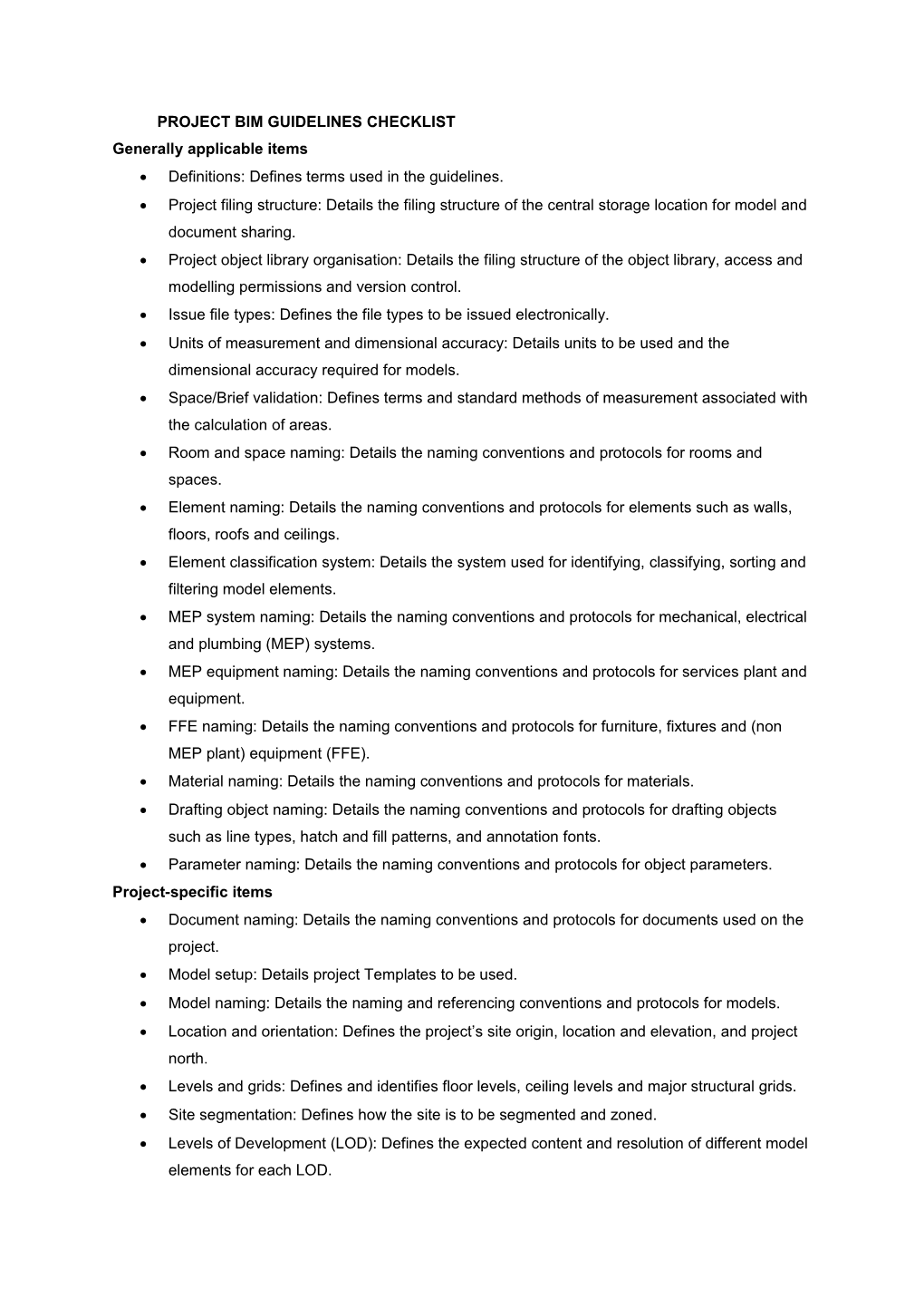 Project Bim Guidelines Checklist