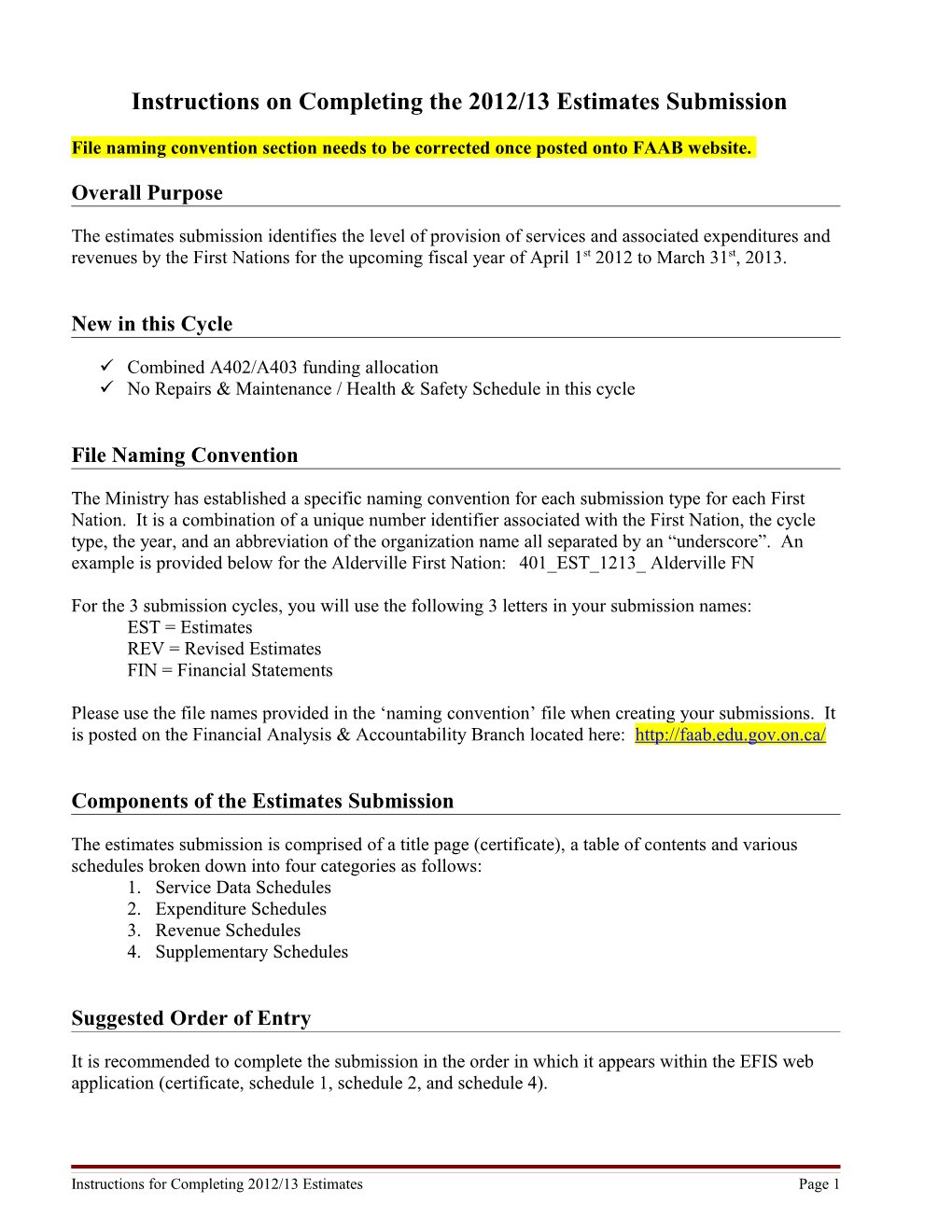 Instructions on Completing the 2011 Estimates Submission