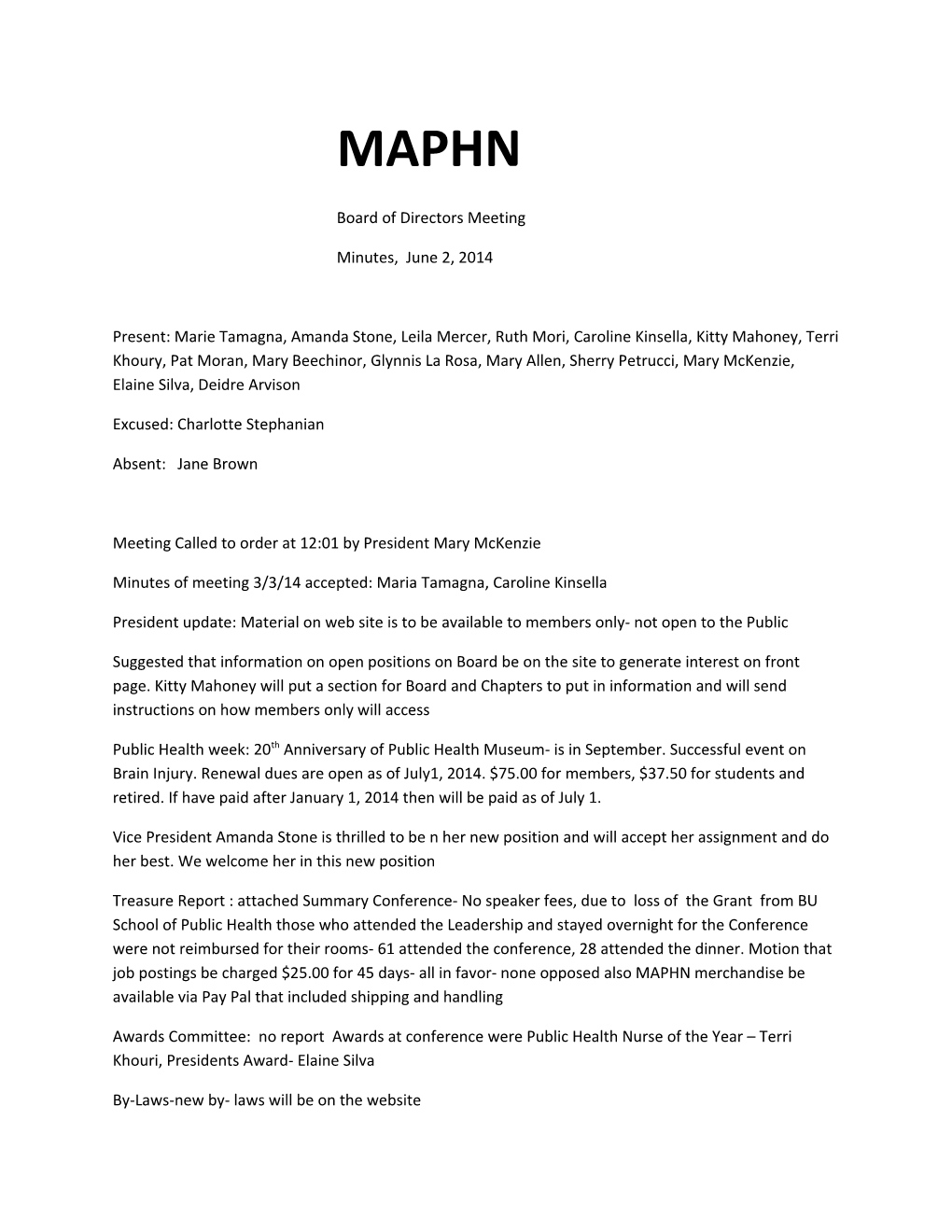 Board of Directors- MAPHN June 2, 2014