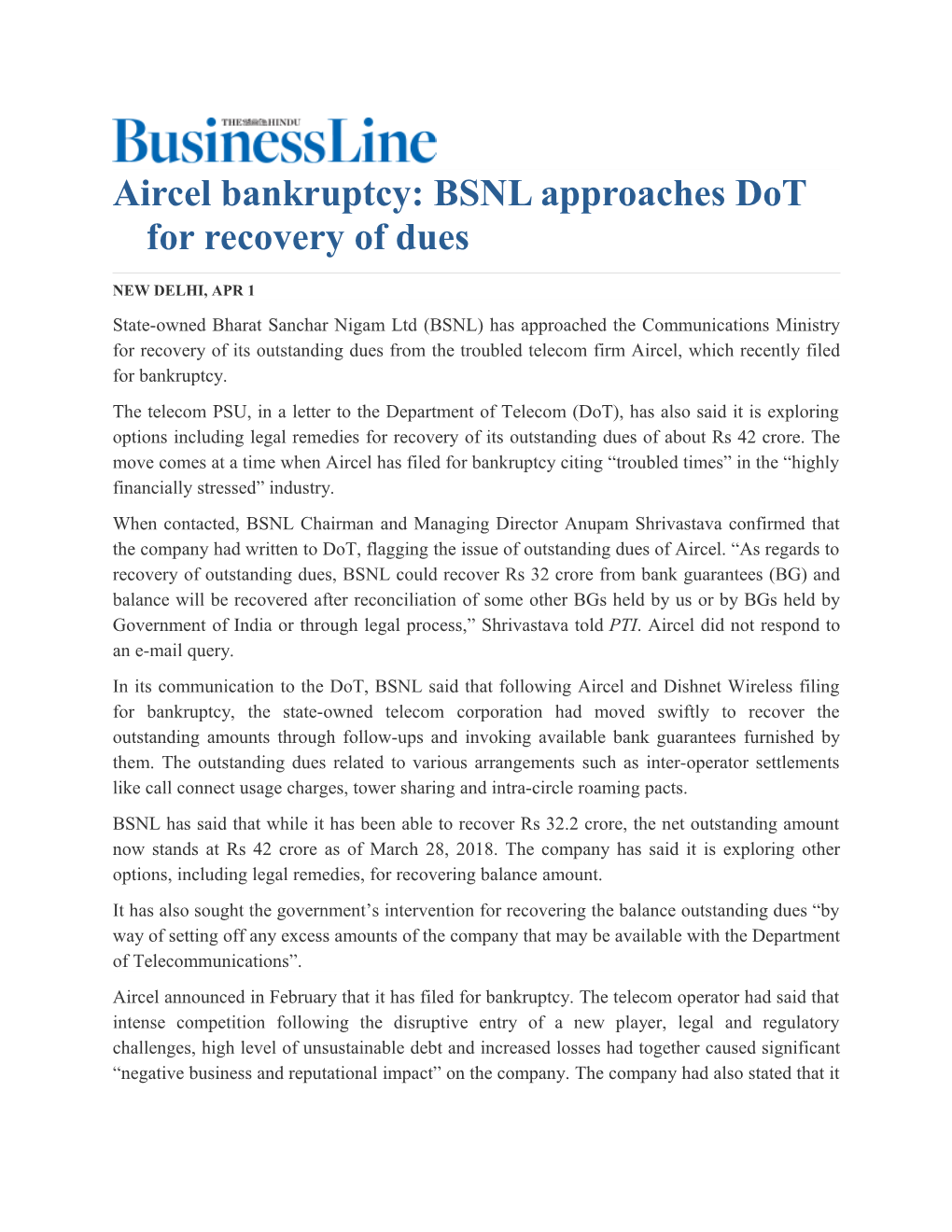 Aircel Bankruptcy: BSNL Approaches Dot for Recovery of Dues