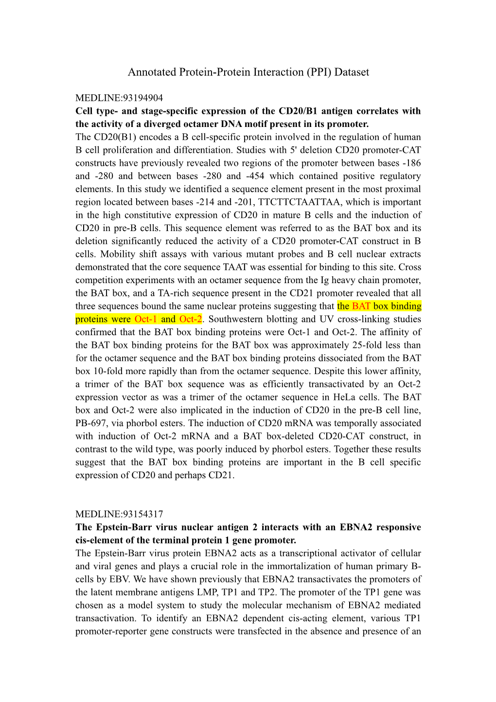 Annotated Protein-Protein Interaction (PPI) Dataset