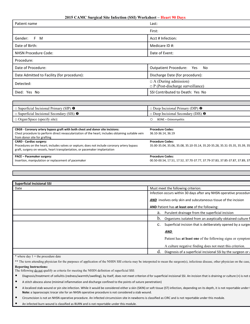2015 CAMC Surgical Site Infection (SSI) Worksheet Heart 90 Days