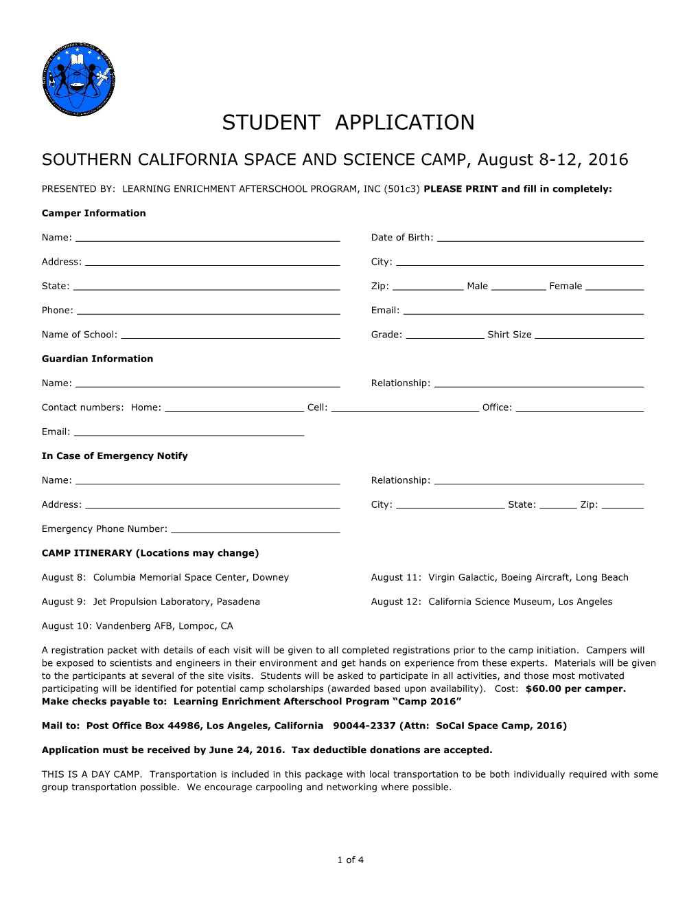 SOUTHERN CALIFORNIA SPACE and SCIENCE CAMP, August 8-12, 2016