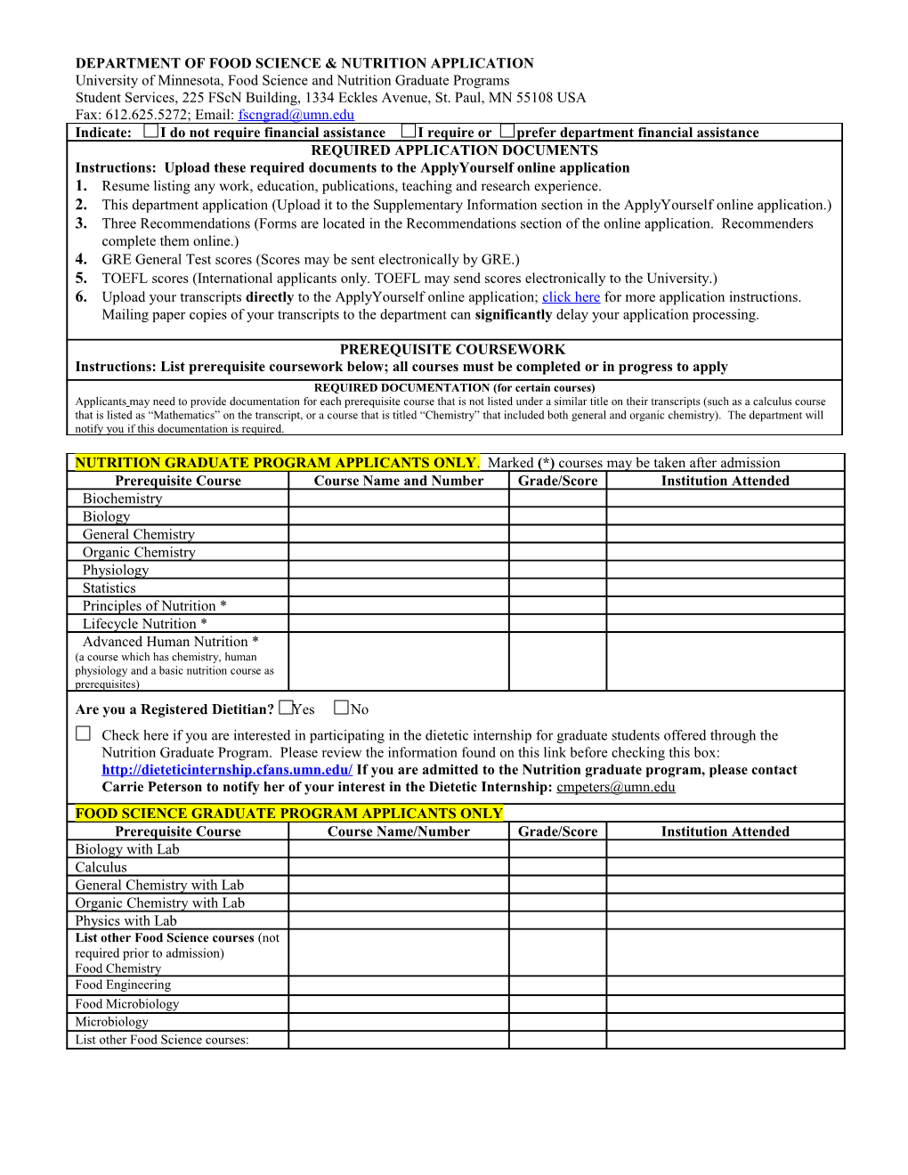 Department of Food Science and Nutrition (Fscn) Application Form