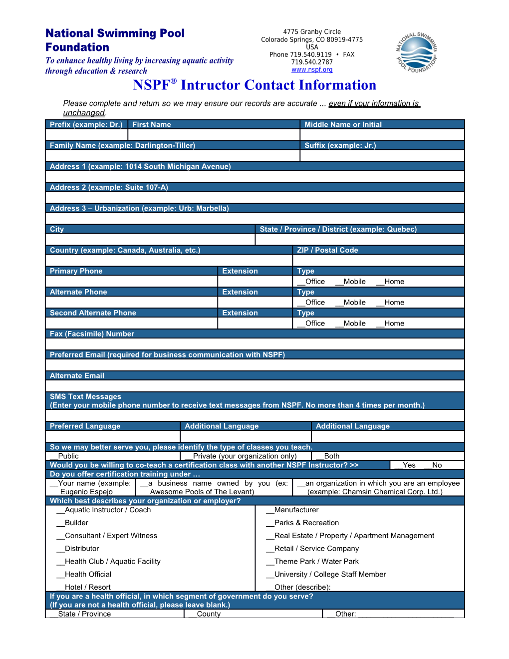 NSPF Intructor Contact Information