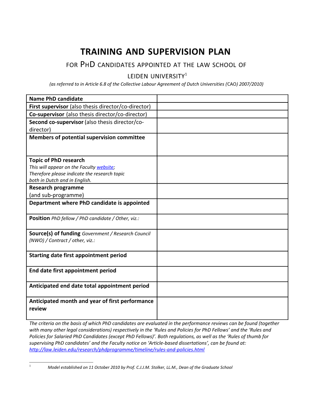 Training and Supervision Plan for Phd Candidates Appointed at the Law School Of