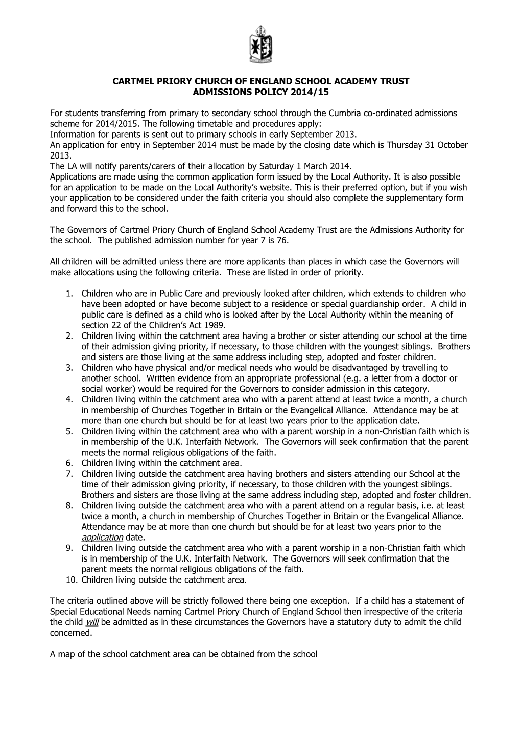 Cartmel Priory School Admissions Policy (Draft)