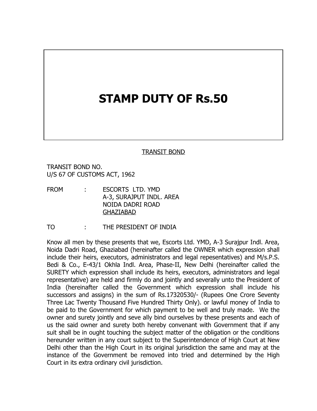 STAMP DUTY of Rs