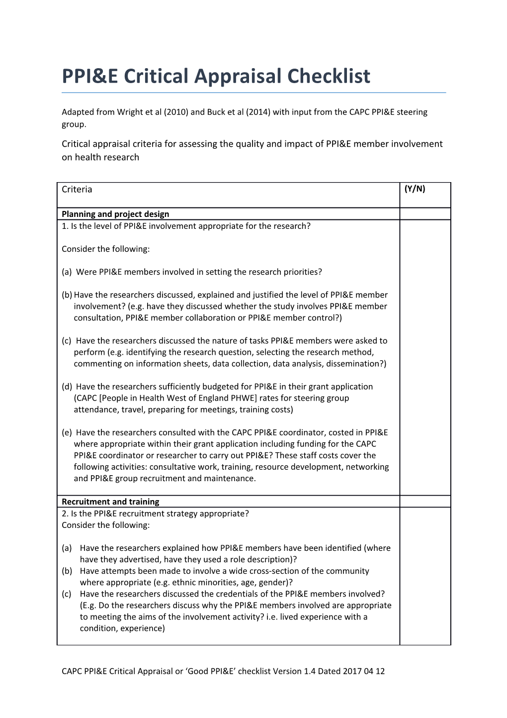 PPI&E Critical Appraisal Checklist