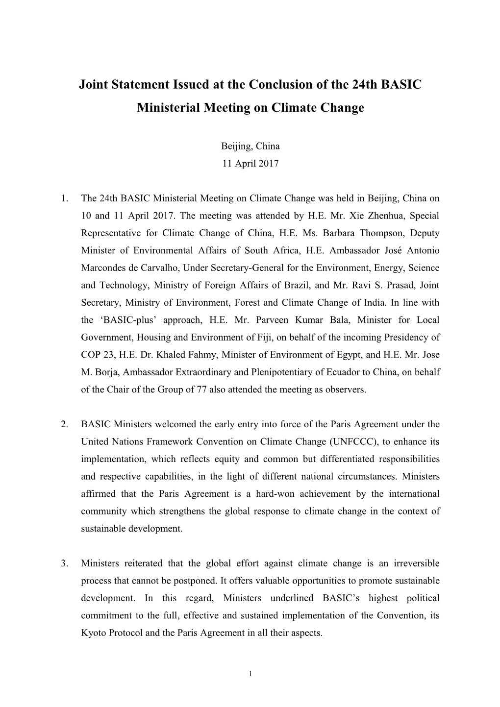 Joint Statement Issued at the Conclusion of the 24Th BASIC Ministerial Meeting on Climate
