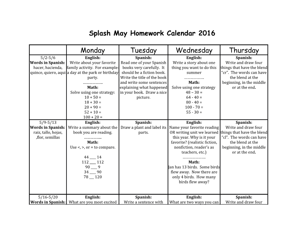 Calendario De Tareas Para El Mes De Mayo Clase De SPLASH