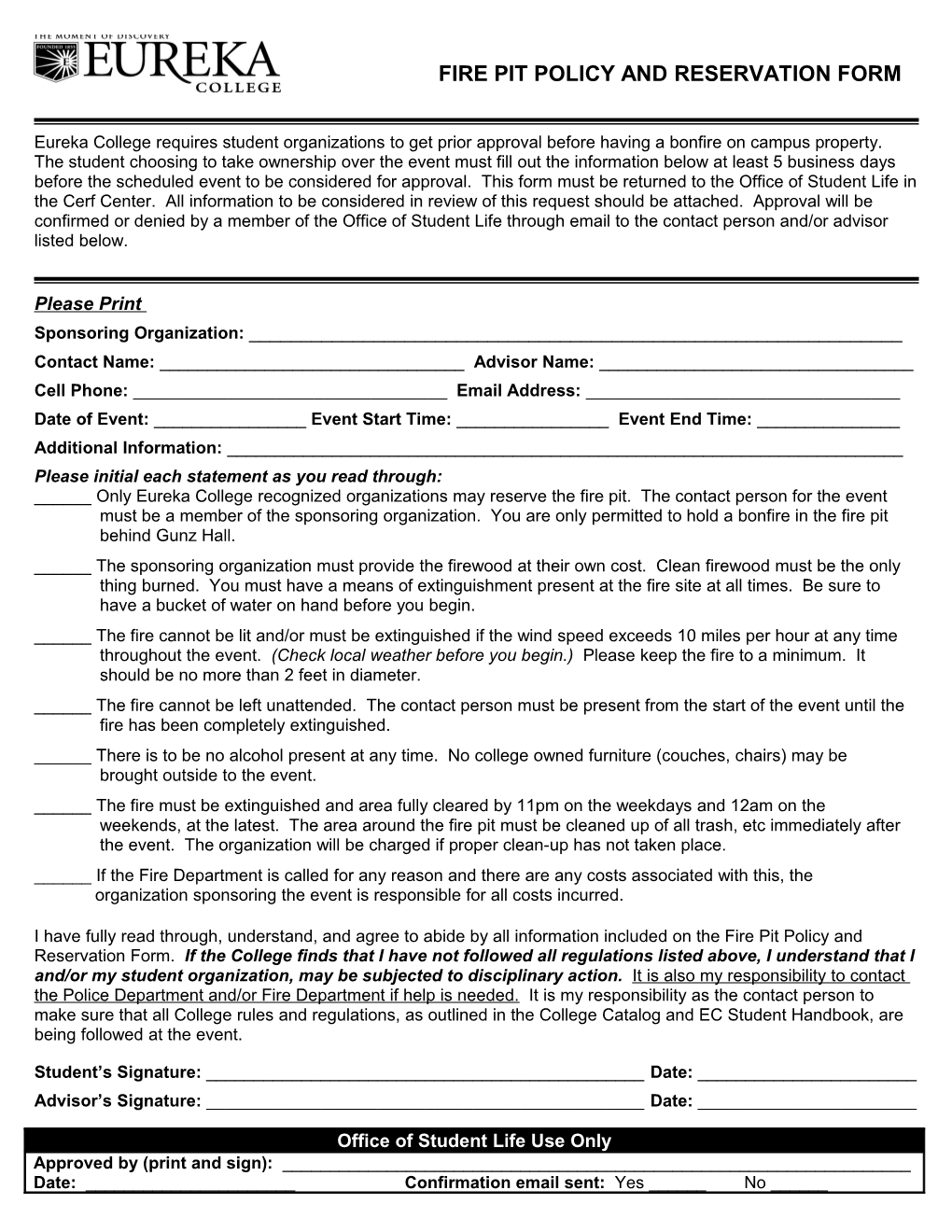 Fire Pit Policy and Reservation Form