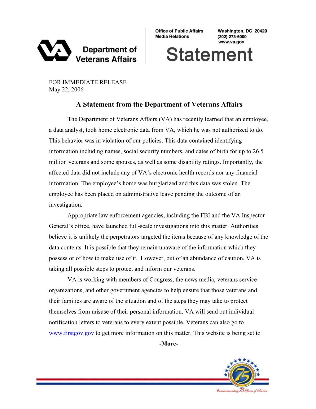 A Statement from the Department of Veterans Affairs