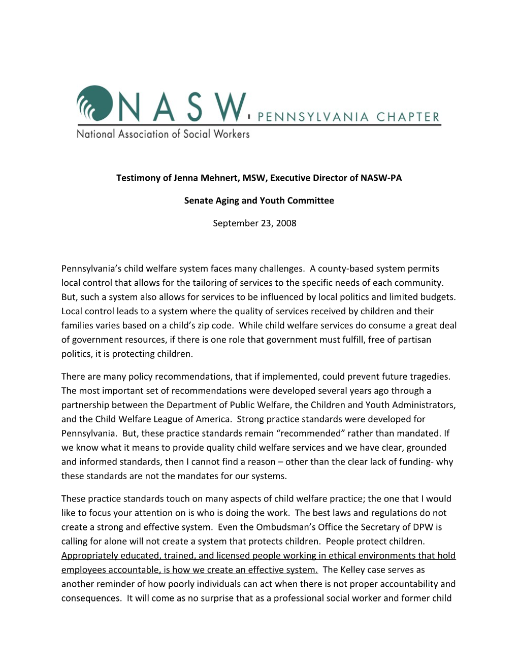 Testimony of Jenna Mehnert, MSW, Executive Director of NASW-PA